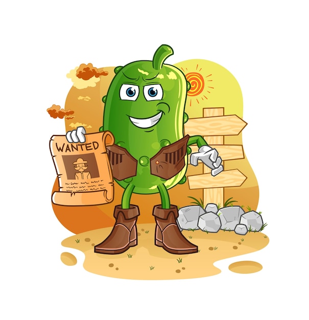 Vaquero de pepino con vector de mascota de dibujos animados de papel buscado