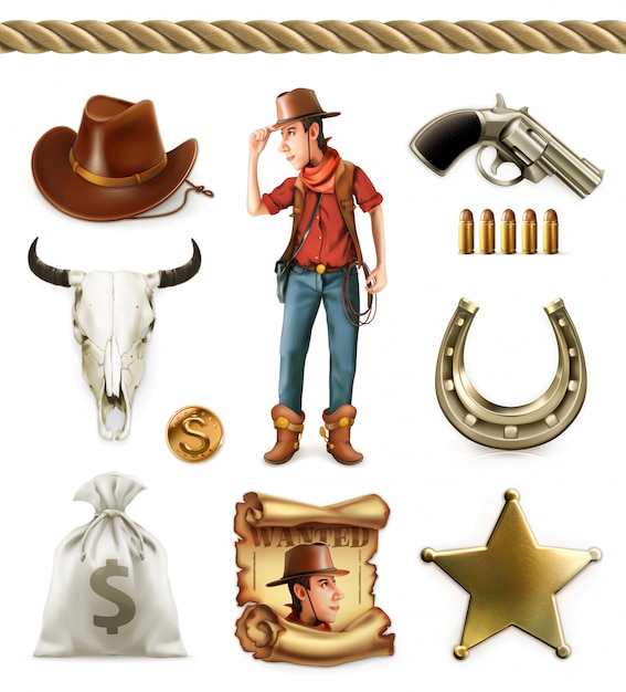 Vaquero personaje de dibujos animados y objetos. Aventura occidental