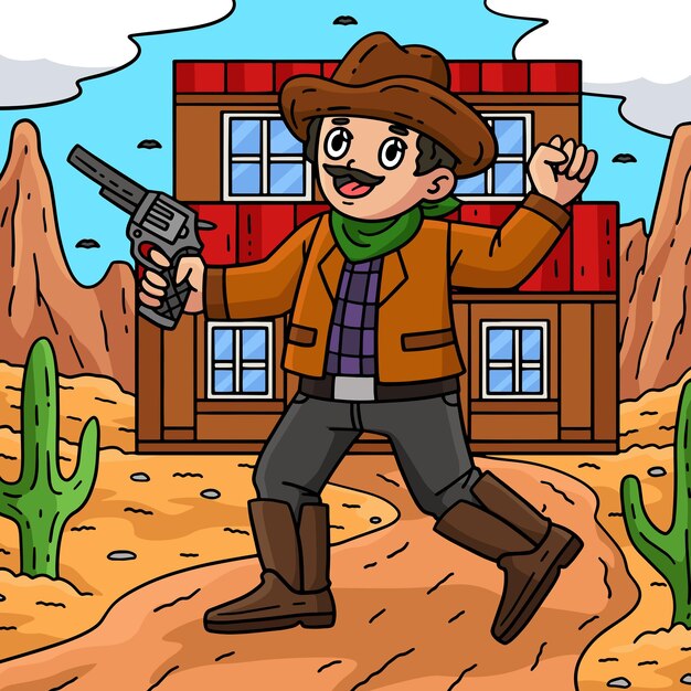 El vaquero con la pistola Ilustración de dibujos animados de colores