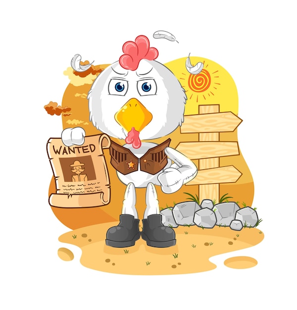 Vaquero de pollo con vector de mascota de dibujos animados de papel buscado