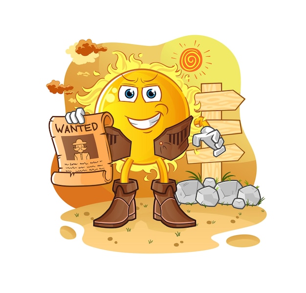 Vaquero de sol con papel buscado. vector de mascota de dibujos animados