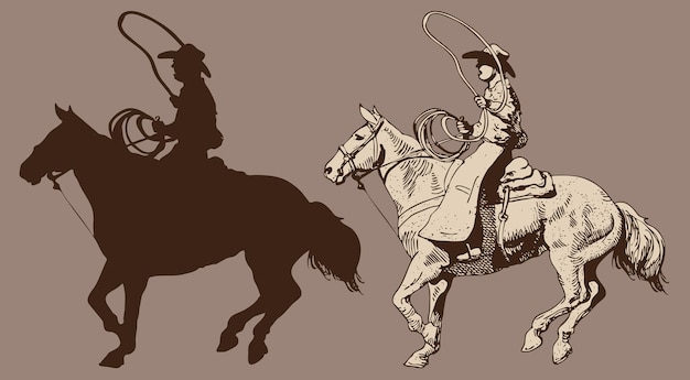 Vector vaquero con sombrero sobre un caballo con un lazo y un potro al estilo de los gráficos artísticos