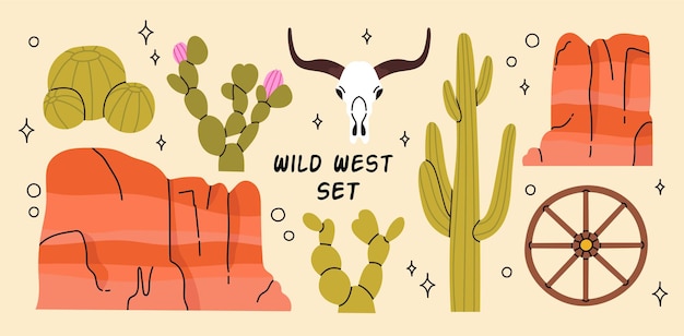 Vaquero tema occidental. Concepto del salvaje oeste. Varios objetos. Cactus, calavera, montaña, rueda de madera.