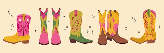 Vaquero tema occidental salvaje oeste concepto. Varias botas vaqueras. Iconos de imágenes prediseñadas del salvaje oeste.