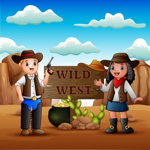 Vaquero y vaquera en el fondo del desierto rocoso