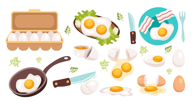 Vector variación de desayuno matutino de huevos de dibujos animados de pollo agrietado hervido frito con concepto de sándwich de huevo