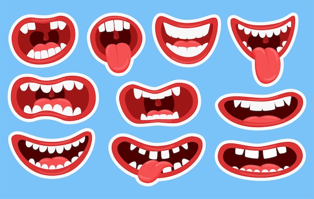Variaciones de las bocas de los monstruos. Bocas divertidas con dientes y lengua que sobresalen.