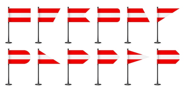 Varias banderas de mesa austriacas realistas en un poste de acero negro recuerdo de la bandera de escritorio de Austria hecha de