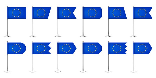 Vector varias banderas de mesa europeas realistas en un poste de acero cromado recuerdo de la bandera de escritorio de europa hecha de