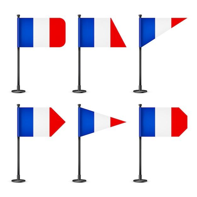 Varias banderas de mesa francesas realistas en un poste de acero negro recuerdo de la bandera de escritorio de Francia hecha de