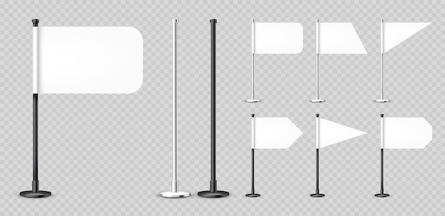 Varias banderas de mesa realistas en un poste de acero bandera de escritorio blanca en blanco hecha de papel o tela negra