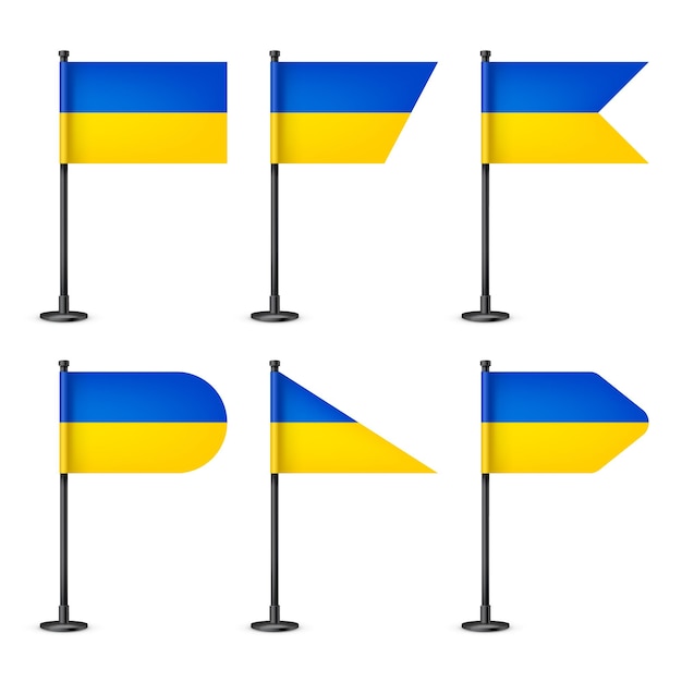 Varias banderas de mesa ucranianas realistas en un poste de acero negro recuerdo de la bandera de escritorio de Ucrania hecha
