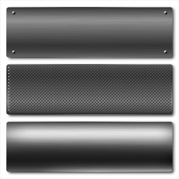 Varias banderas de metal negro realistas colección de placa de acero o aluminio cepillado con tornillos