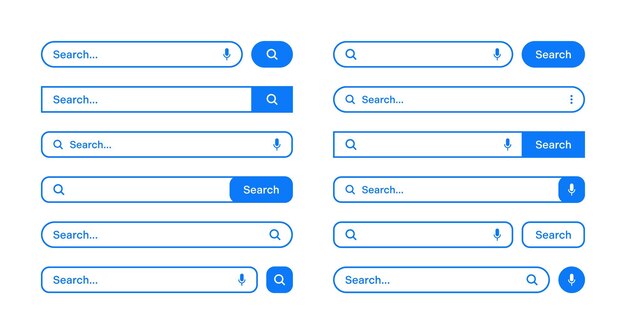 Varias barras de búsqueda con borde de contorno Motor de navegador de Internet con barra de direcciones de cuadro de búsqueda y campo de texto Diseño de interfaz de usuario elemento de sitio web iconos web y botón de pulso Ilustración vectorial