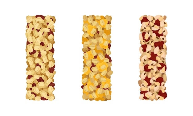Varias barras de granola vectoriales con conjunto de barras de proteínas de energía saludable Ilustración vectorial