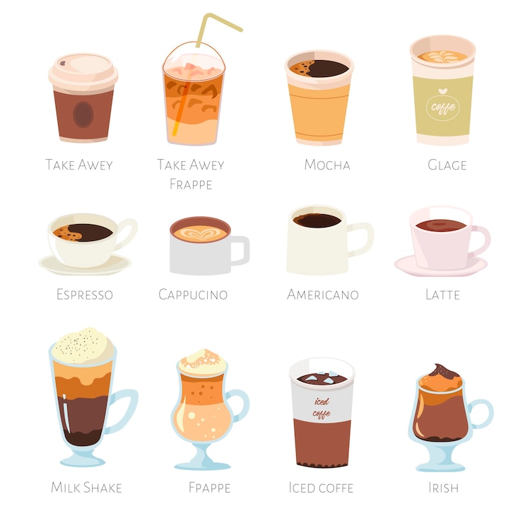 Vector varias bebidas con cafeína bebidas para el menú de la cafetería