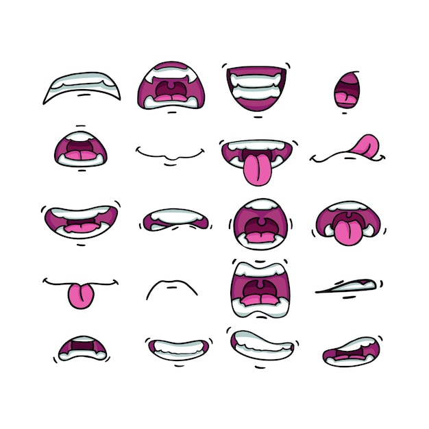 Vector varias bocas en diferentes posiciones. con dientes, lengua, sonrisa, rabia.