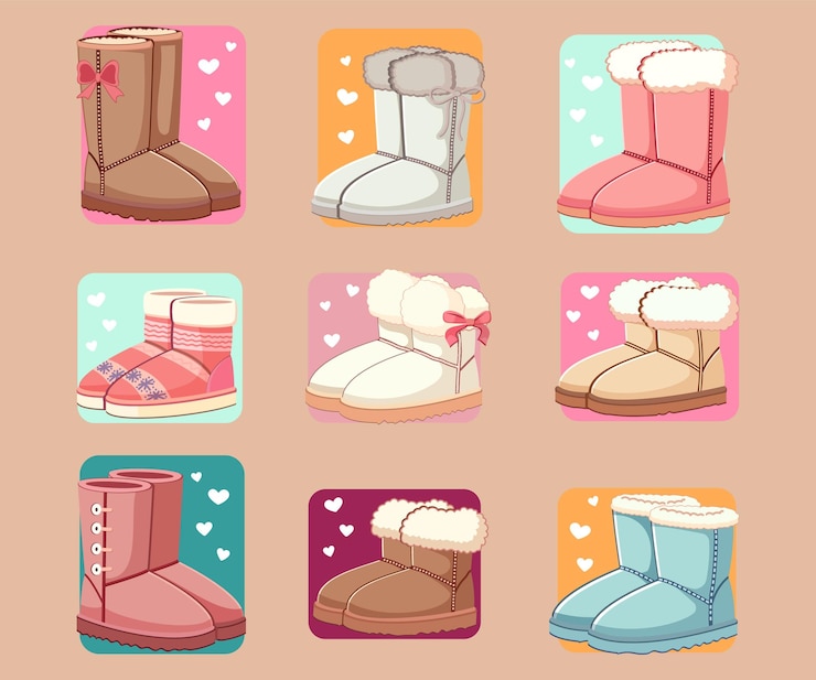 Vector varias botas de invierno en diferentes colores y diseños en un fondo colorido con corazones concepto de calzado de invierno ilustración vectorial