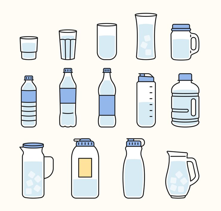 Vector varias botellas de agua y tazas para contener agua ilustración de vector de estilo de diseño plano