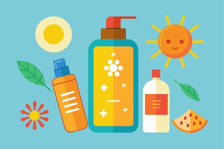 Vector varias botellas de protector solar y elementos solares lúdicos crean una colorida y alegre atmósfera de verano protector solar personalizable ilustración desproporcionada