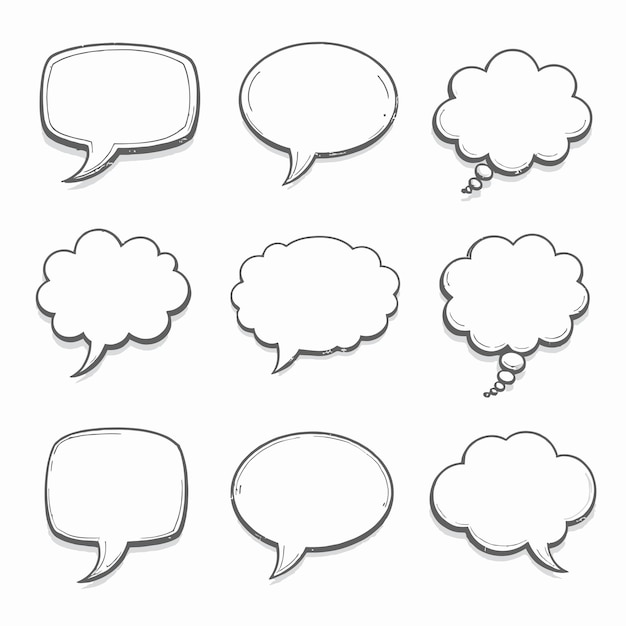 Varias burbujas de habla vacías en blanco y colecciones de burbujas del pensamiento