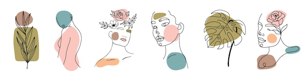 Varias caras, hojas y cuerpo, formas abstractas. Estilo de pintura de tinta. Ilustraciones vectoriales dibujadas a mano contemporáneas. Línea continua, concepto elegante minimalista. Todos los elementos están aislados