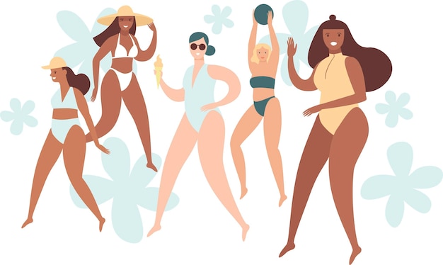 Vector varias chicas positivas para el cuerpo vistiendo trajes de baño personajes de playa de verano diversidad de belleza de diferentes mujeres