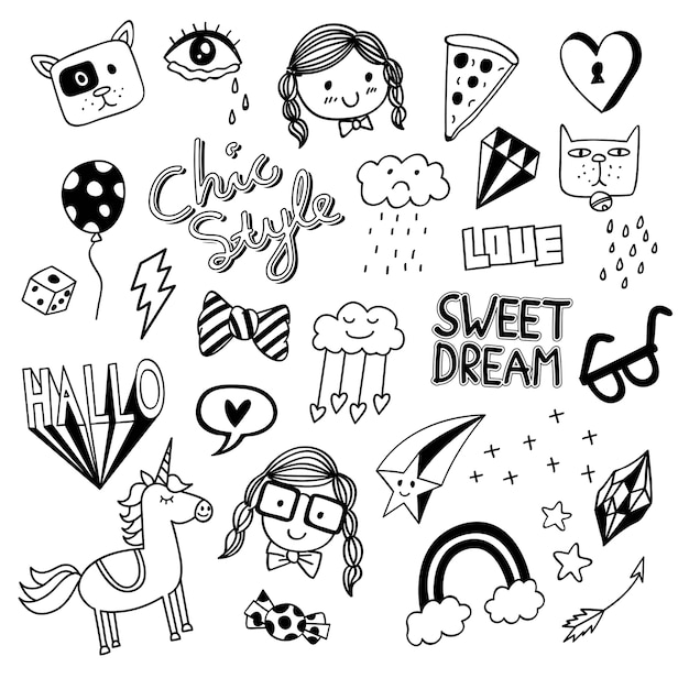varias cosas lindas en estilo doodle