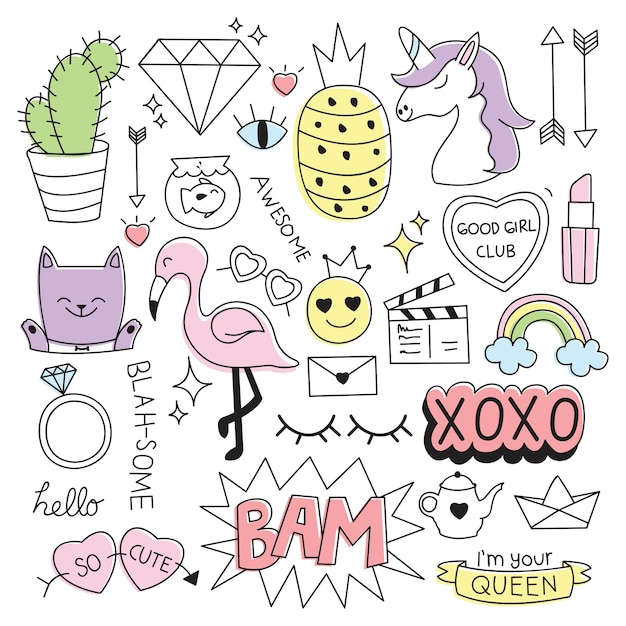 Varias cosas lindas en la ilustración de vector de estilo doodle