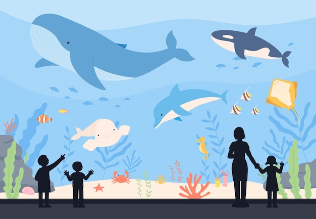 Varias criaturas viven en el acuario y la gente está viendo ilustraciones vectoriales planas