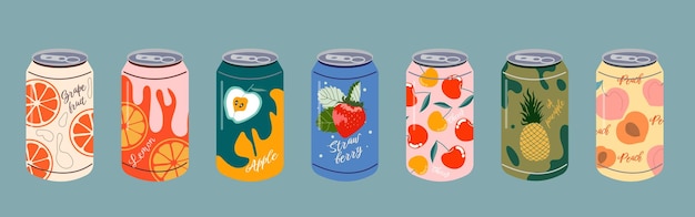 Vector varias deliciosas bebidas carbonatadas conjunto de vectores de refrescos en latas de aluminio dibujo a mano