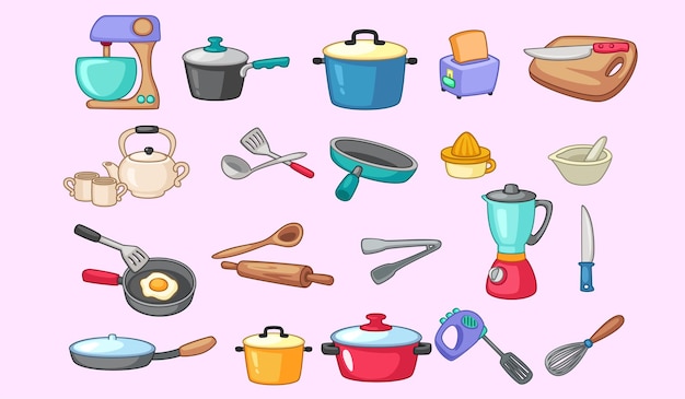 Varias herramientas de cocina modernas conjunto de íconos planos utensilios de cocina utenselios de horneado vector aislado