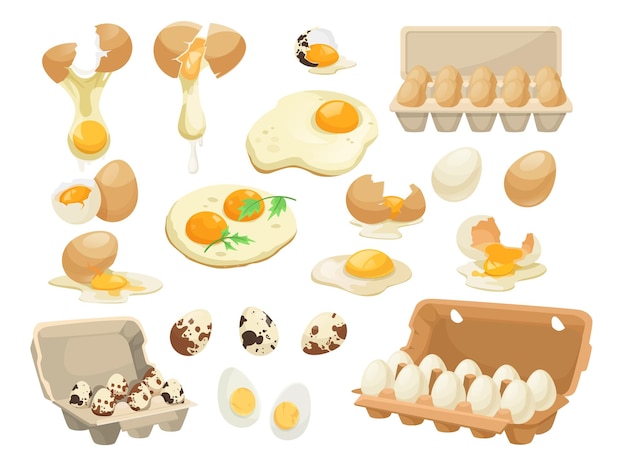 Varias ilustraciones de huevos y platos que muestran diferentes estilos de preparación Ilustración vectorial