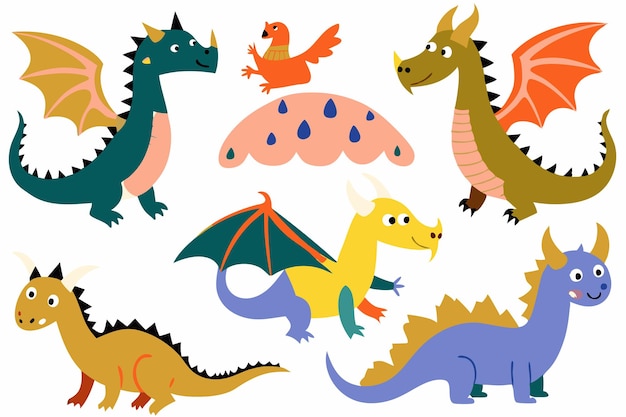 Varias ilustraciones planas de dragón en fondo blanco