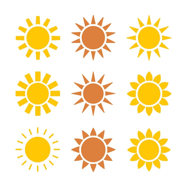Varias ilustraciones del sol en colores amarillo y naranja