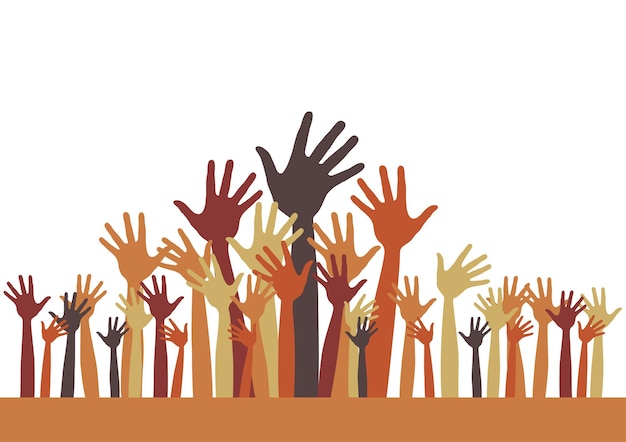Varias manos de diferentes tonos de piel levantadas sobre fondo blanco amistad apoyo vector ilustración Paz y Diversidad Concepto