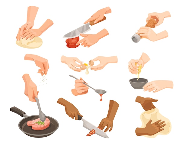 Varias manos involucradas en las actividades de preparación de alimentos Ilustración vectorial