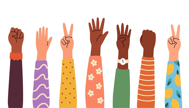 Varias manos levantadas de diversas personas mostrando signos de paz puños y palmas abiertas en mangas coloridas