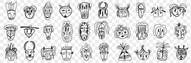 Varias máscaras antiguas africanas doodle conjunto. colección de máscaras faciales dibujadas a mano de etnias africanas con diferentes patrones y formas aisladas.