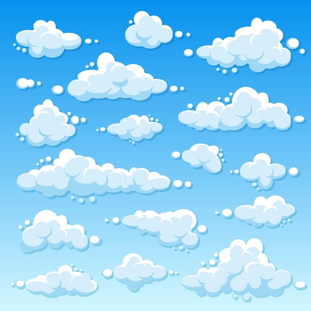 Varias nubes redondas con sombra en el fondo de gradiente azul panorama del cielo de verano simple dibujos animados