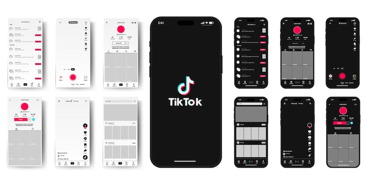 Vector varias pantallas de tiktok que muestran la alimentación del perfil y las opciones de interacción de contenido
