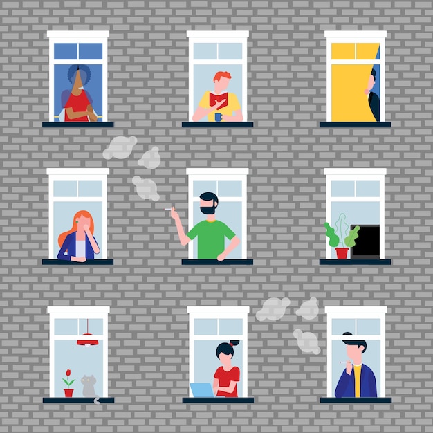 Vector varias personas en sus ventanas detrás de personajes de pared de ladrillo estilo plano ilustración vectorial