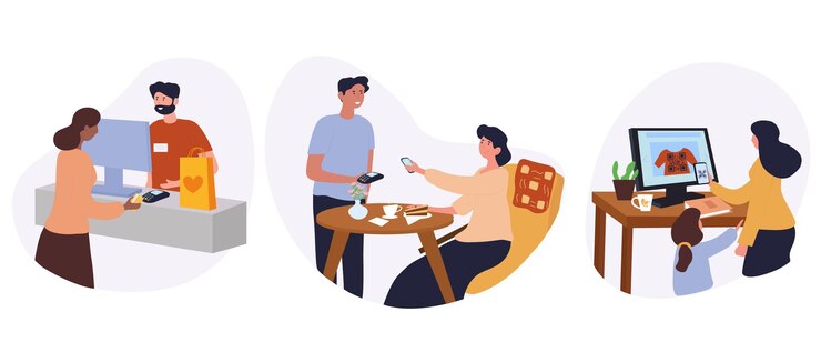 Vector varias personas utilizan sistemas de pago digitales sin efectivo y escanean los servicios bancarios de código qr y