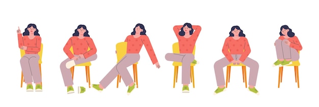 Varias posturas de una mujer sentada en una silla. ilustración vectorial de estilo de diseño plano.