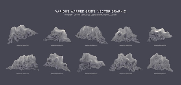 Varias rejillas deformadas elementos de diseño gráfico abstracto vectorial aislados en fondo gris colección de diferentes mallas distorsionadas mapas de relieve topográfico ondulado de estructura metálica variada en diferentes variaciones