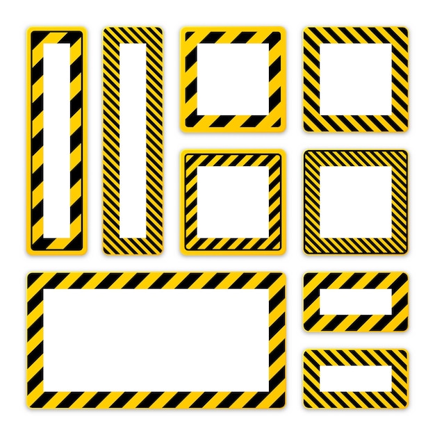 Varias señales de advertencia en blanco con líneas diagonales de atención roja peligro o construcción de señales de precaución.