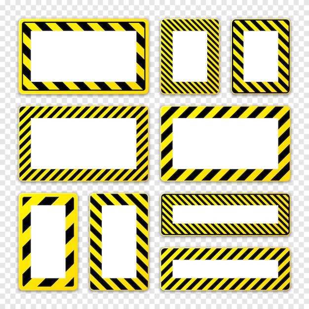 Varias señales de advertencia en blanco con líneas diagonales de atención roja peligro o construcción de señales de precaución.