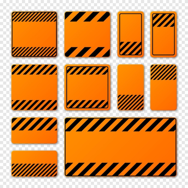 Varias señales de advertencia naranjas en blanco con líneas diagonales atención peligro o construcción de señales de precaución