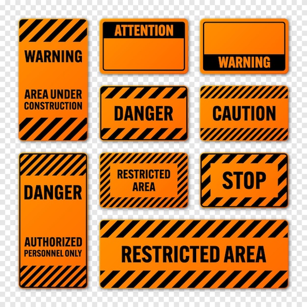 Vector varias señales de advertencia negras y naranjas con líneas diagonales atención peligro o señal de precaución