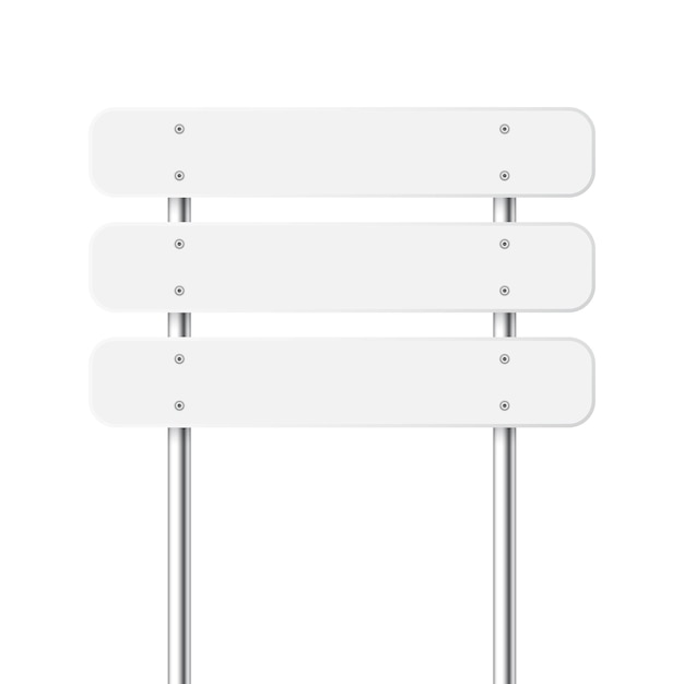 Varias señales de tráfico por carretera Letrero de carretera en un poste de metal cromado Pizarra blanca en blanco con lugar para texto Señalización direccional y buscador de información Señal de maqueta Ilustración vectorial